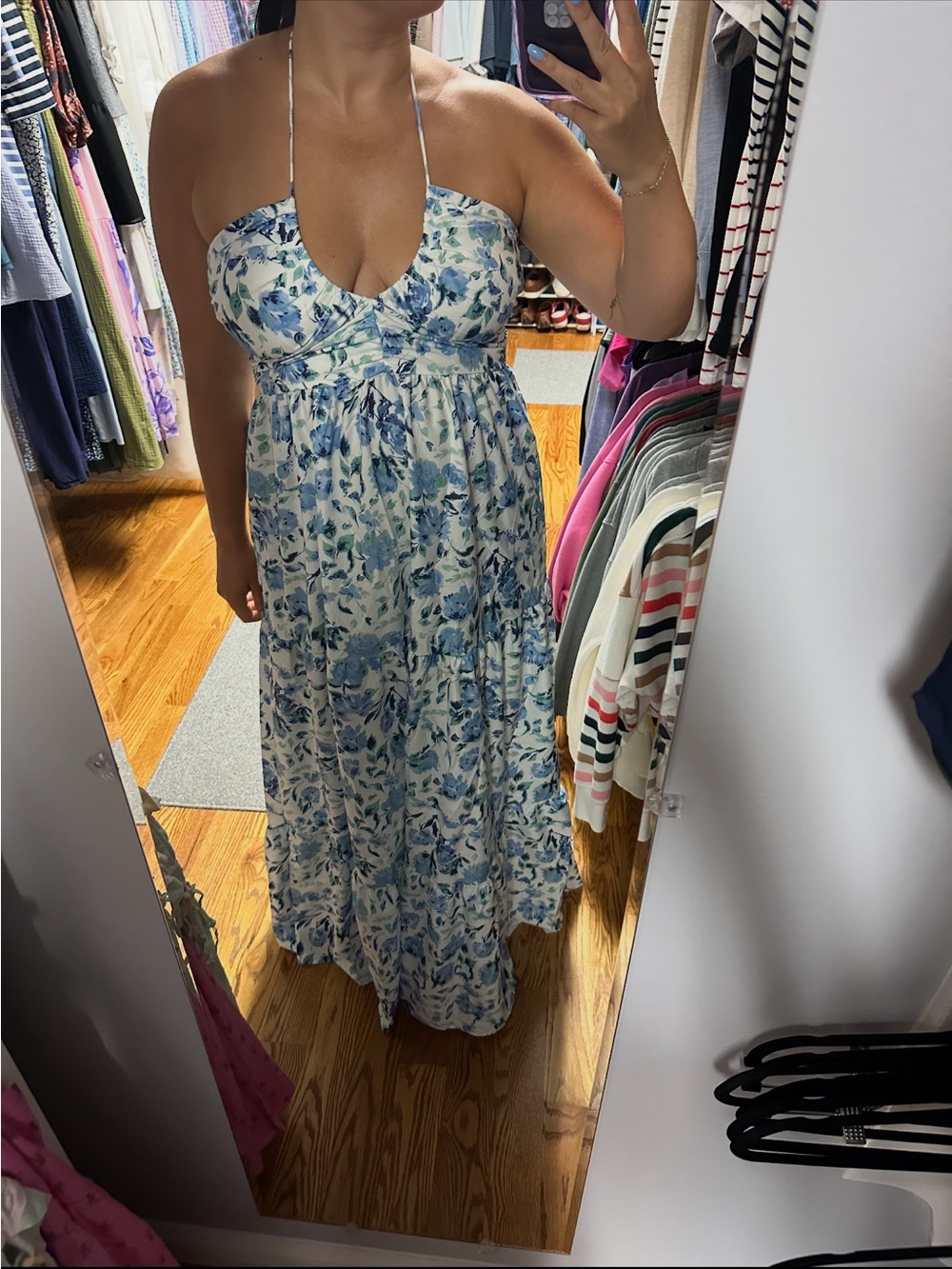 Floral Halter Maxi Dress in Blue and White